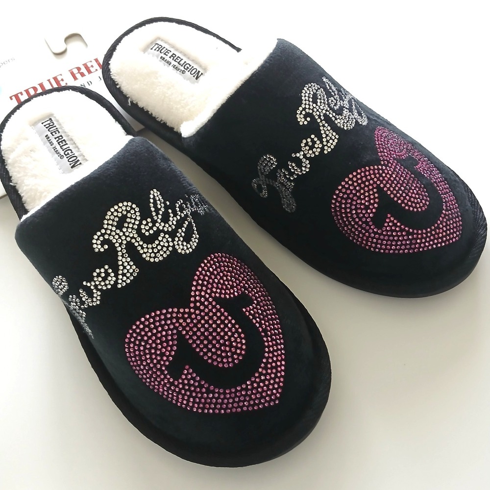 NWT True Religion Slippers Black with Red Hearts Women's Size M Shoe Sz 6.5 -7.5